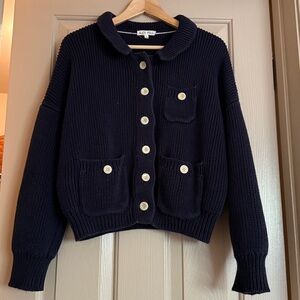 Navy Blue Button-Up Cardigan with collar